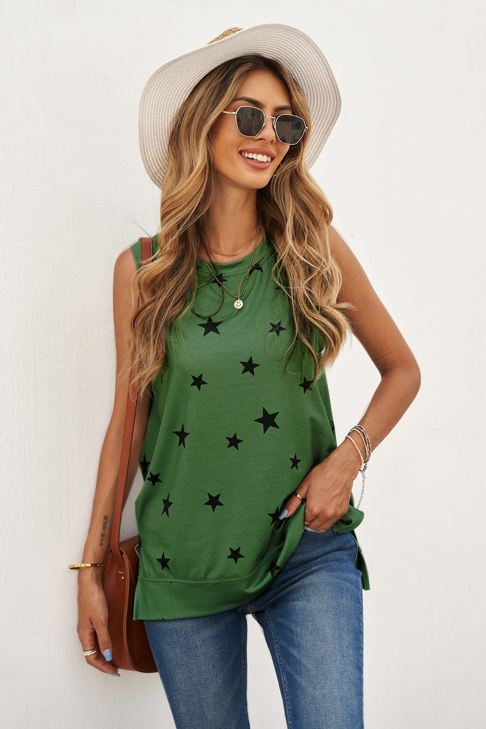 Women Summer Green Star Print Knit Tank with Slits