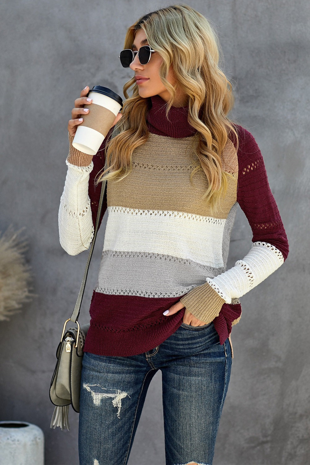 Women Wine Highlight Colorblock Turtleneck Pullover Sweater