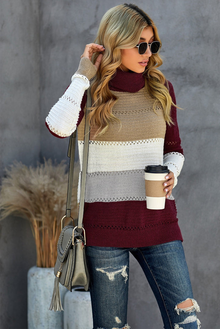 Women Wine Highlight Colorblock Turtleneck Pullover Sweater
