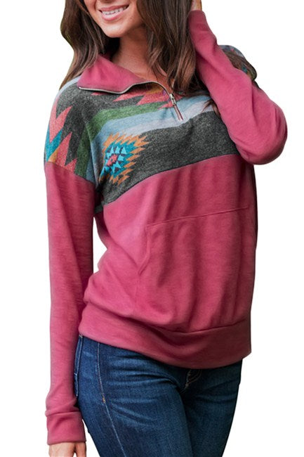 Women Aztec Print Atop Rosy Pullover Sweatshirt