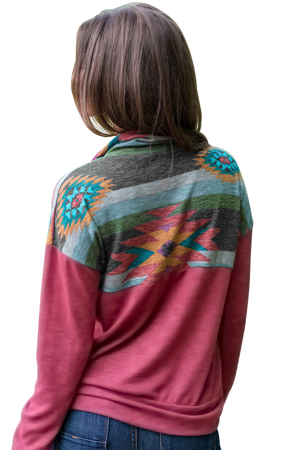Women Aztec Print Atop Rosy Pullover Sweatshirt