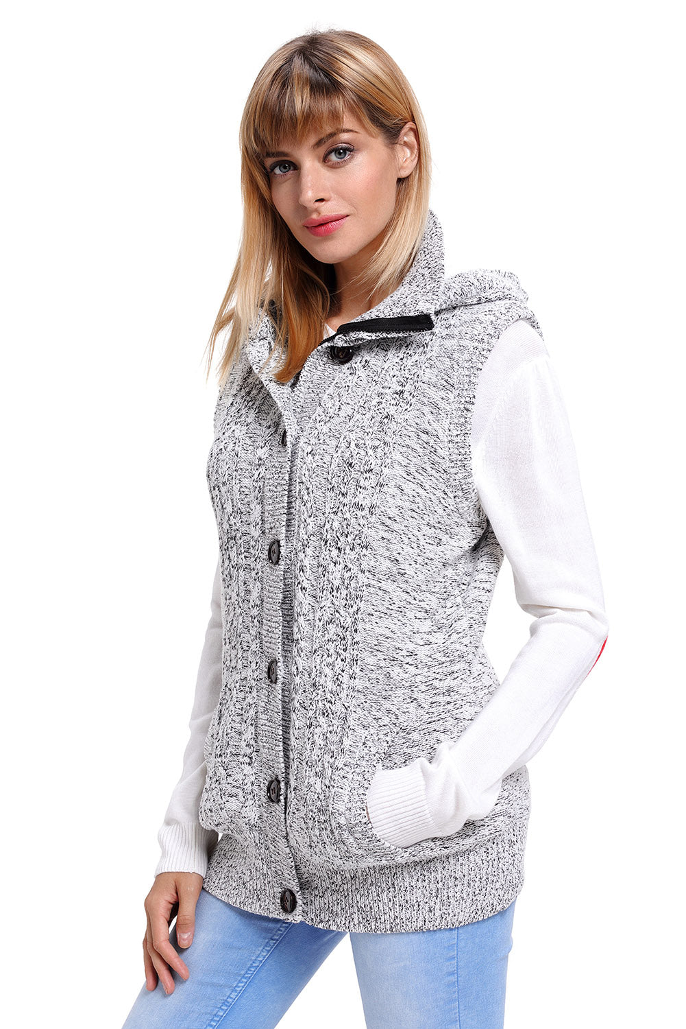 Women Heather Grey Cable Knit Hooded Sweater Vest