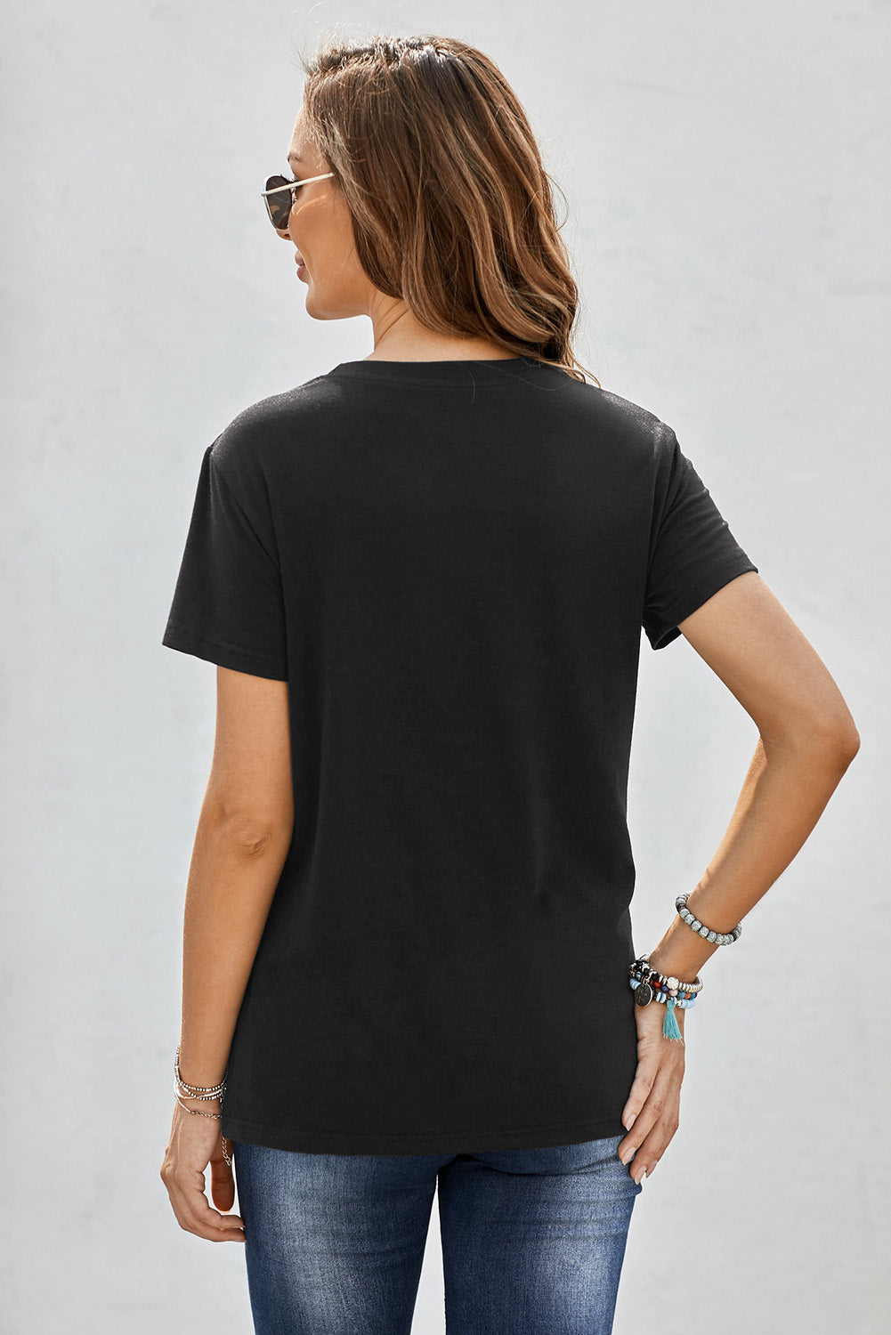 Women's Black Crew Neck Dandelion Print Short Sleeve T-shirt