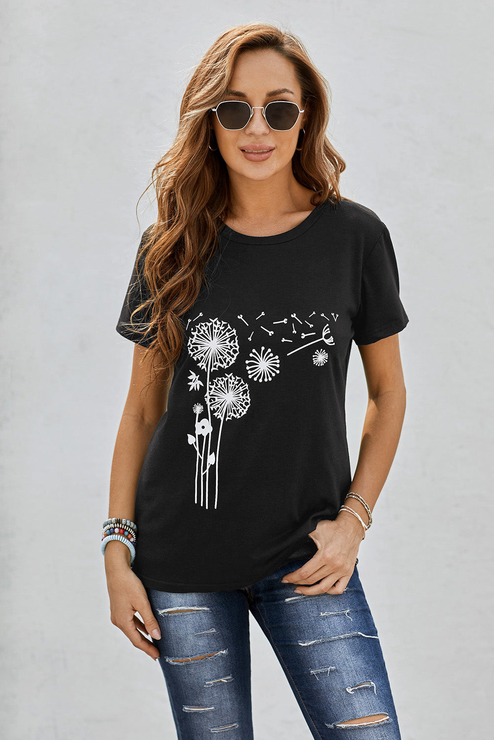 Women's Black Crew Neck Dandelion Print Short Sleeve T-shirt