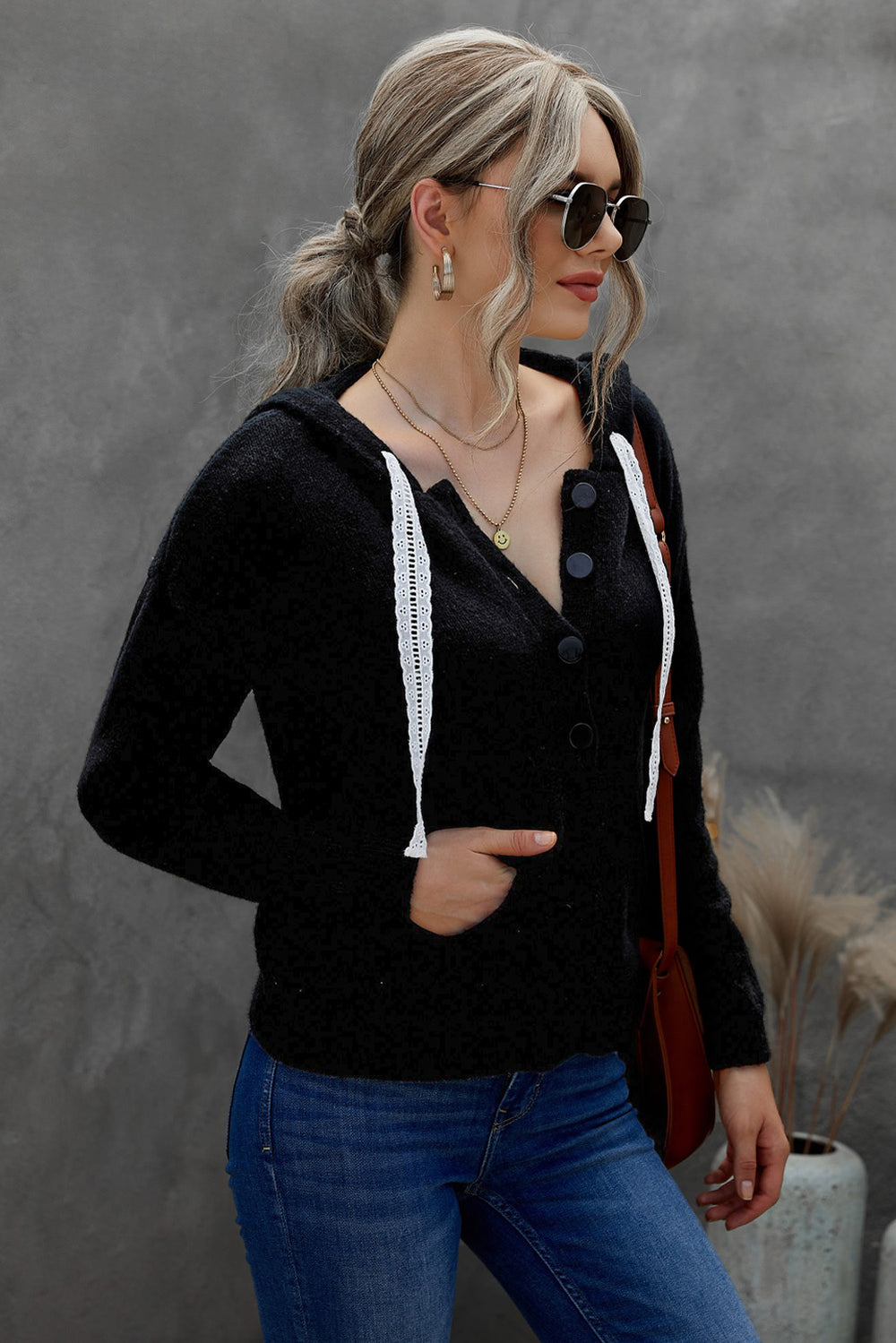 Women's Black Kangaroo Pocket Button Lace Drawstring Hooded Pullover Sweater