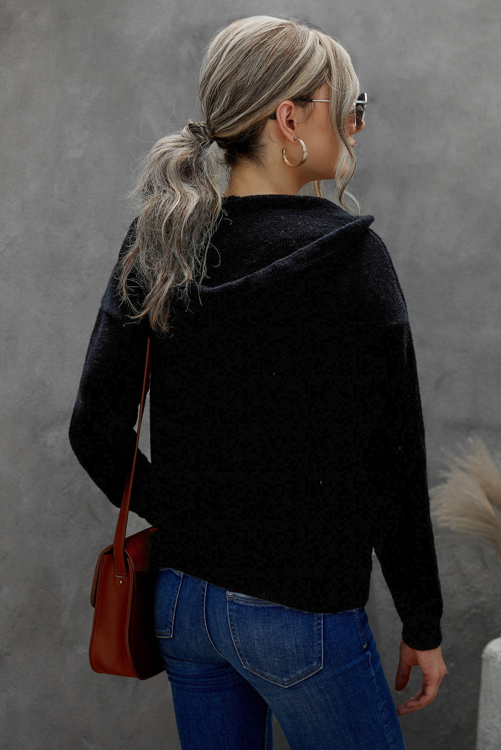 Women's Black Kangaroo Pocket Button Lace Drawstring Hooded Pullover Sweater