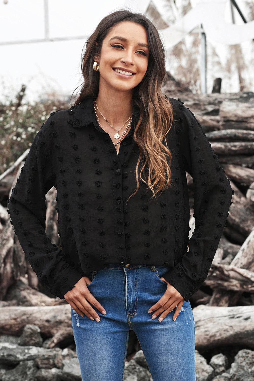 Women's Black Long Sleeve Button Fuzzy Polka Dot Work Shirt