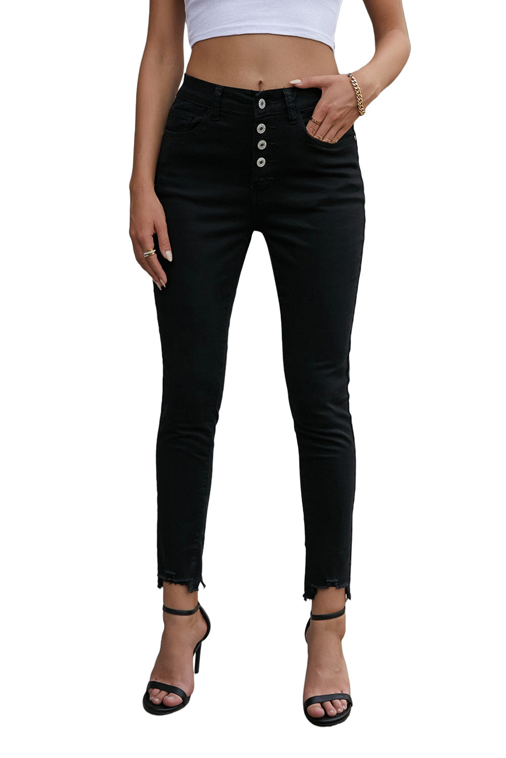 Women's Black Plain High Waist Buttons Frayed Cropped Denim Jeans