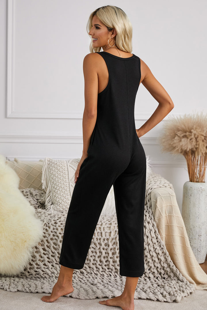Women's Black Pocketed Thermal Sleeveless Jumpsuit