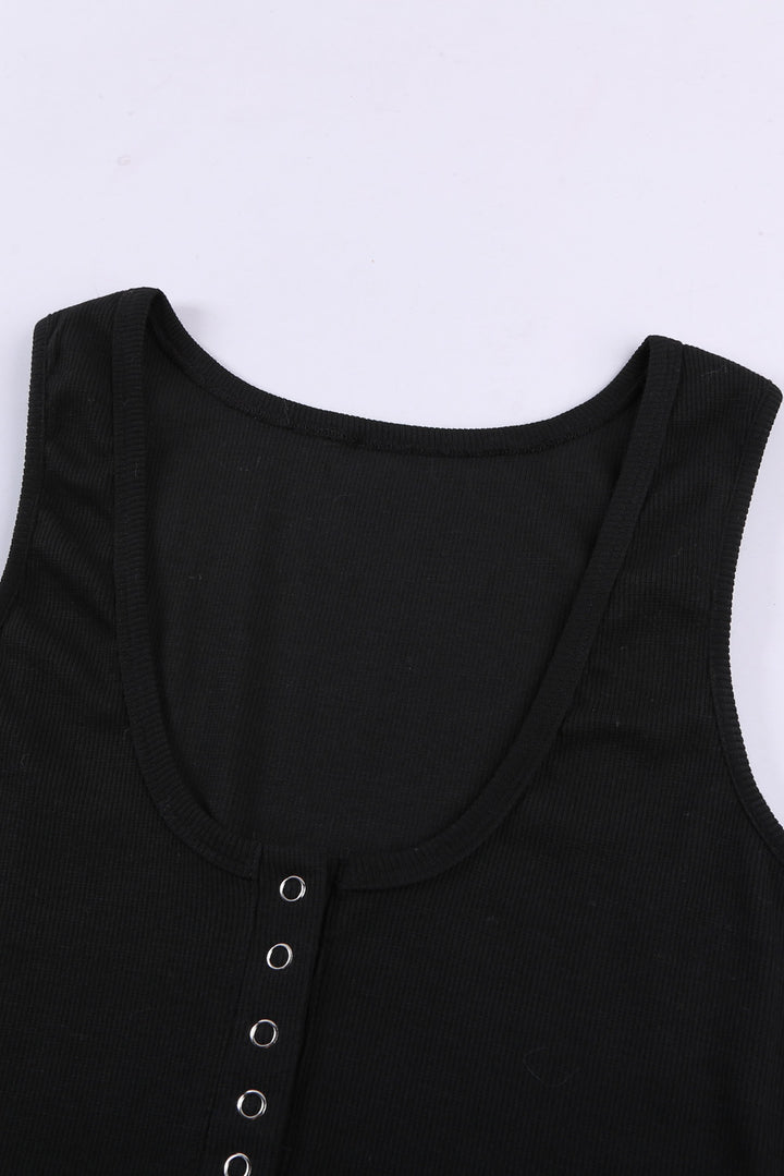Women's Black Sleeveless Scoop Neck Button Summer Tank Top
