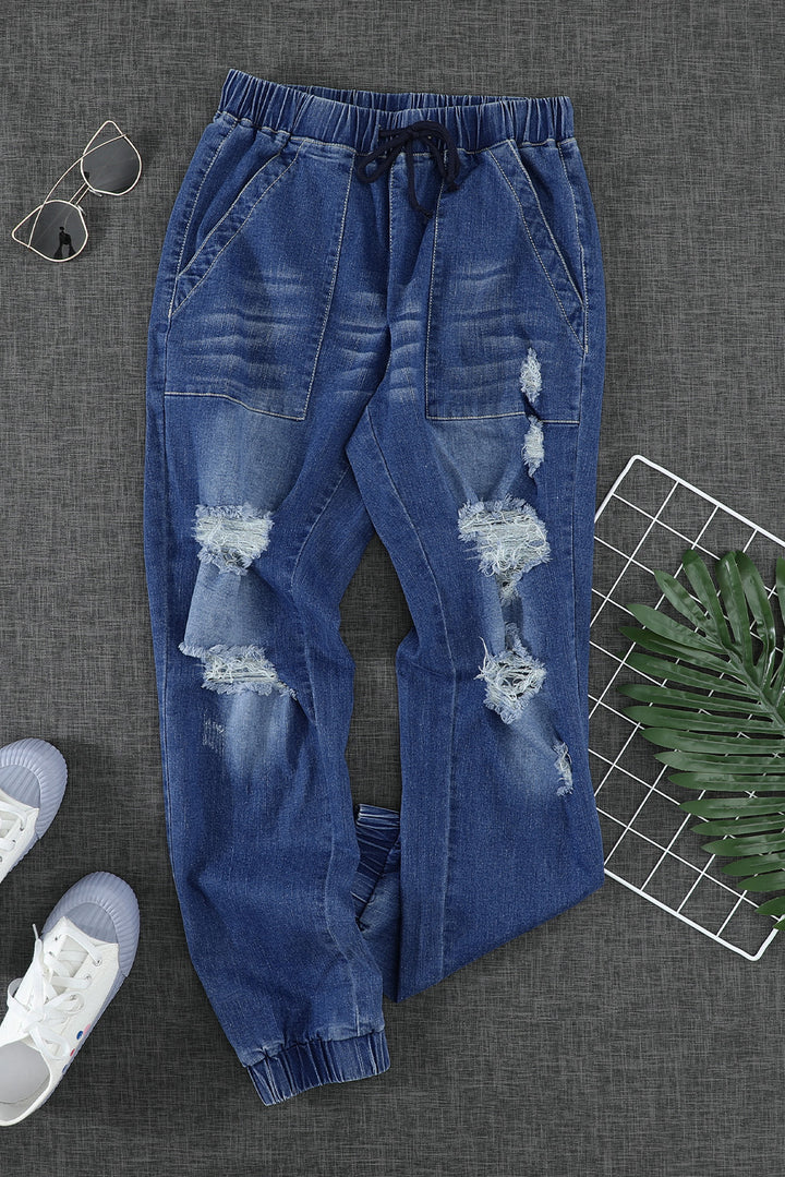 Women's Blue Pocketed Distressed Denim Joggers