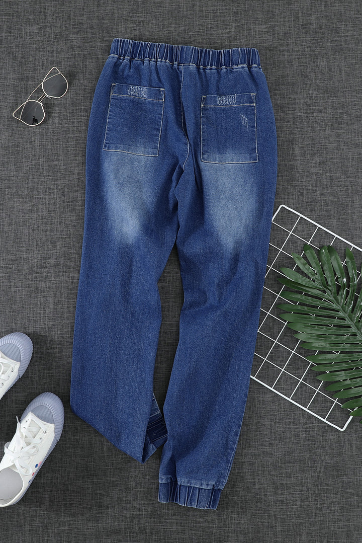 Women's Blue Pocketed Distressed Denim Joggers