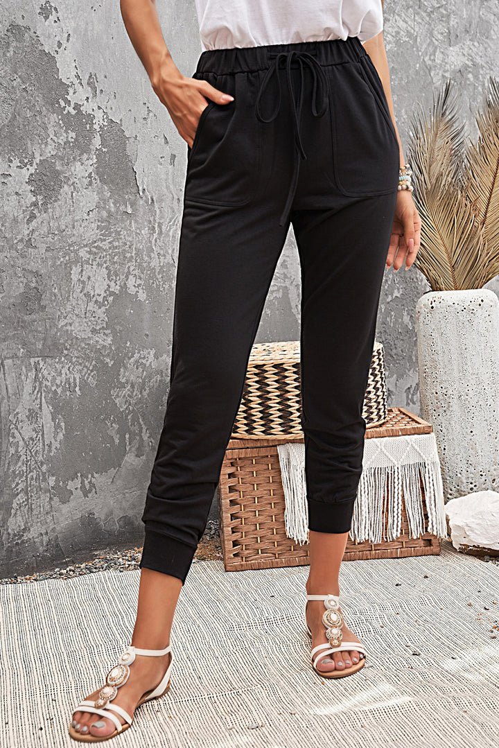 Women's Casual Black Pocketed Drawstring Sports Joggers