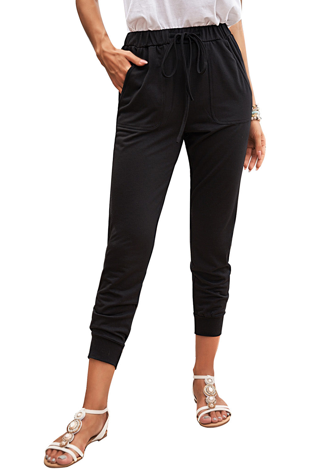 Women's Casual Black Pocketed Drawstring Sports Joggers
