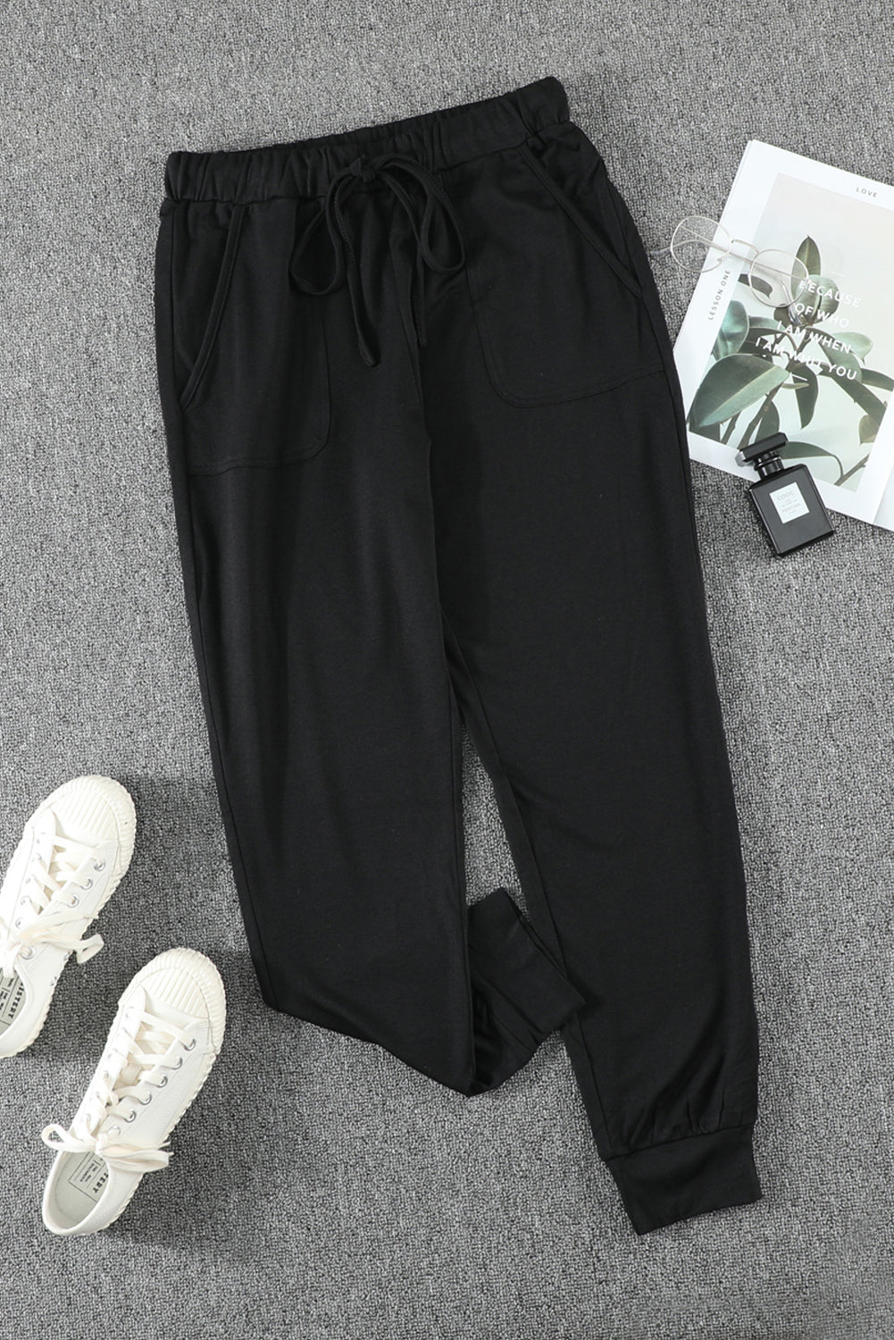 Women's Casual Black Pocketed Drawstring Sports Joggers