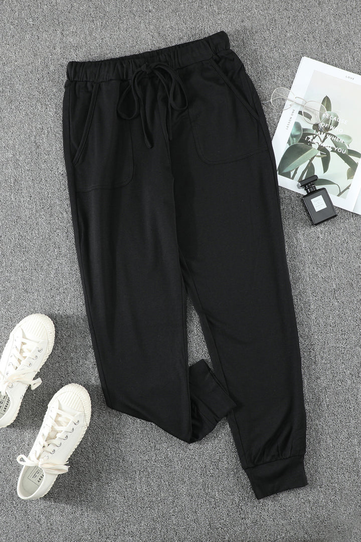 Women's Casual Black Pocketed Drawstring Sports Joggers