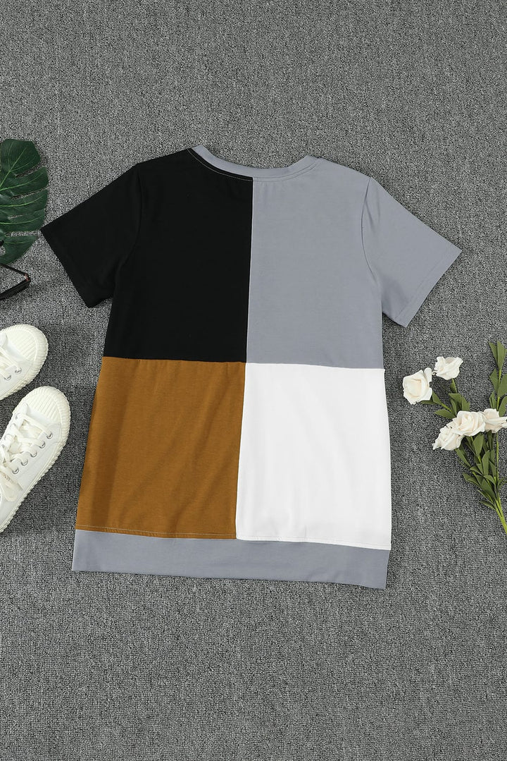 Women's Casual Brown Colorblock Summer T-shirt with Slits