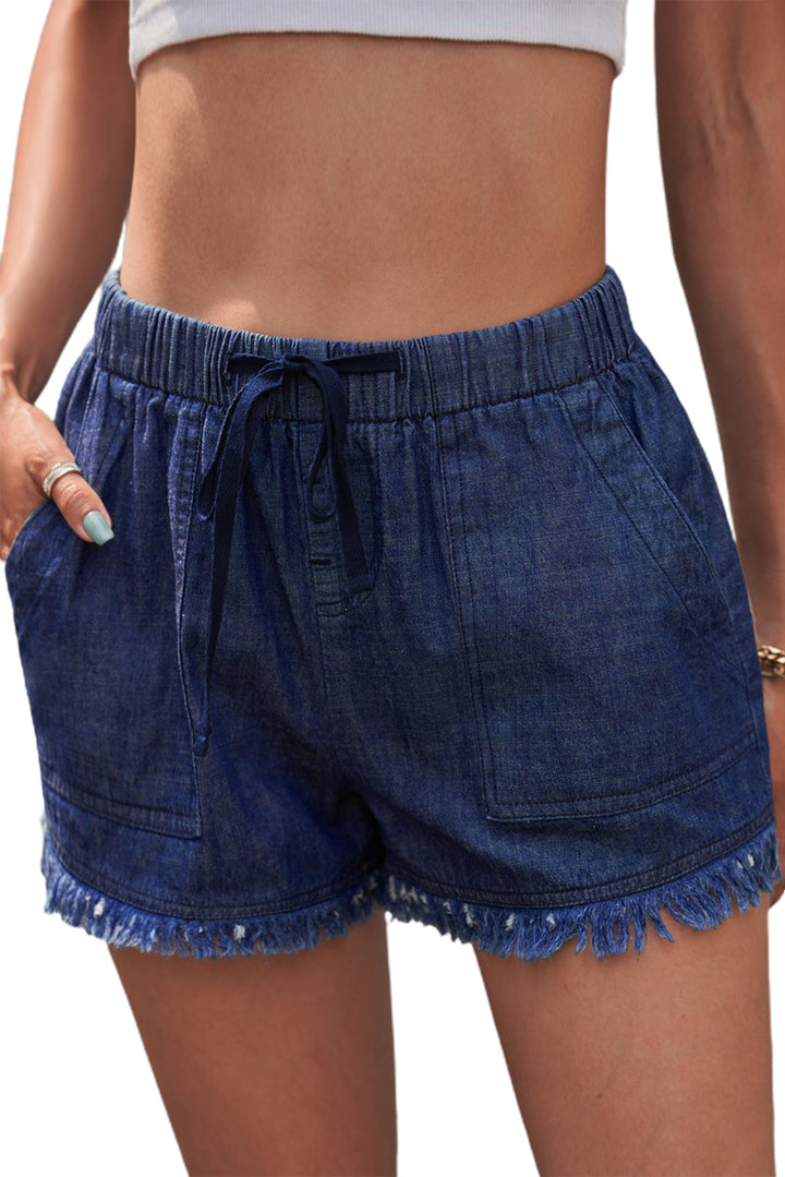 Women's Casual Dark Blue Pocketed Frayed Thick Thighs Denim Shorts