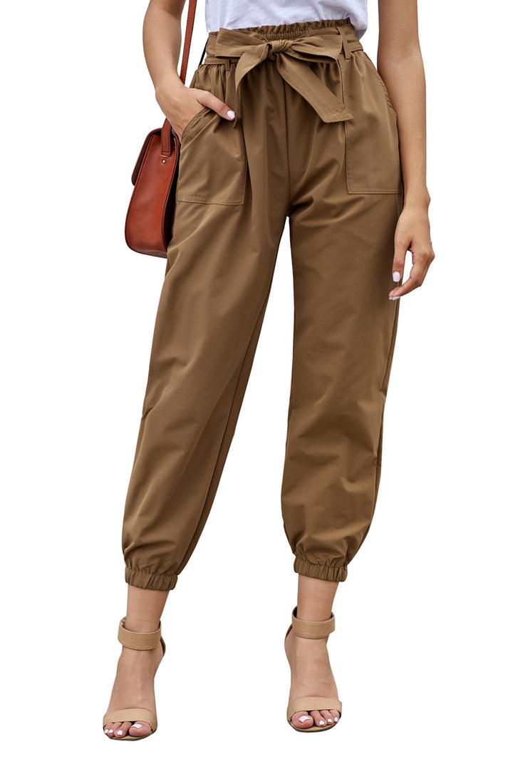 Women's Casual Khaki Solid Color Frock-style Pants with Belt