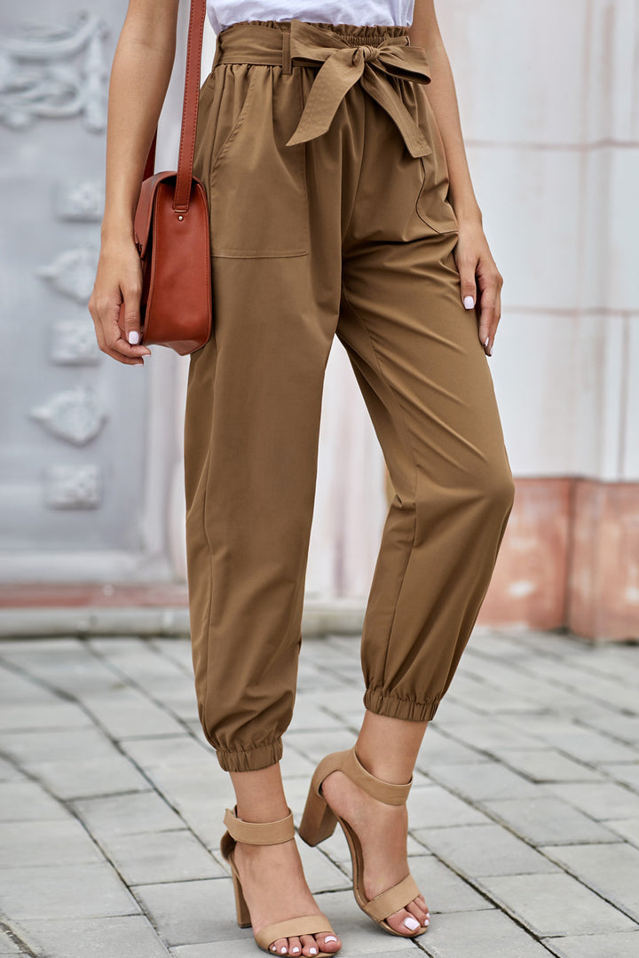 Women's Casual Khaki Solid Color Frock-style Pants with Belt