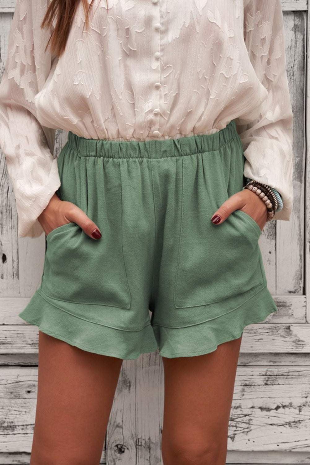 Women's Summer Pocketed Flutter Green Linen Cotton Shorts