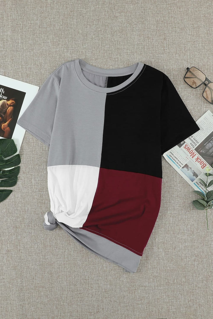Women's Casual Wine Red Colorblock T-shirt with Slits
