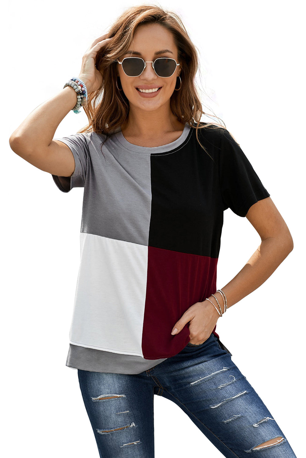 Women's Casual Wine Red Colorblock T-shirt with Slits