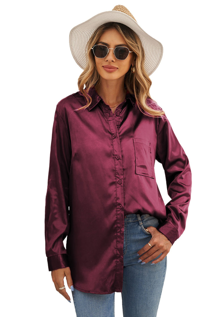 Women's Classic Button Wine Satin Work Shirt 