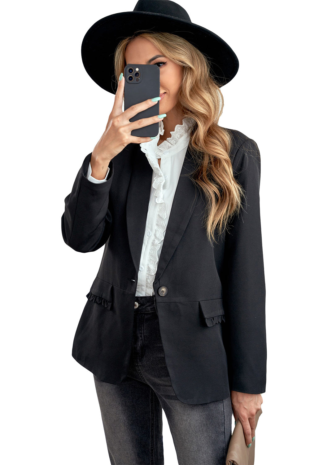 Women's Elegant Black Lapel Collar Button Pocket Office Blazer