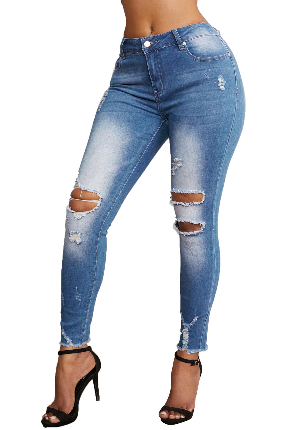 Women's Faded Mid High Rise Holes Skinny Jeans