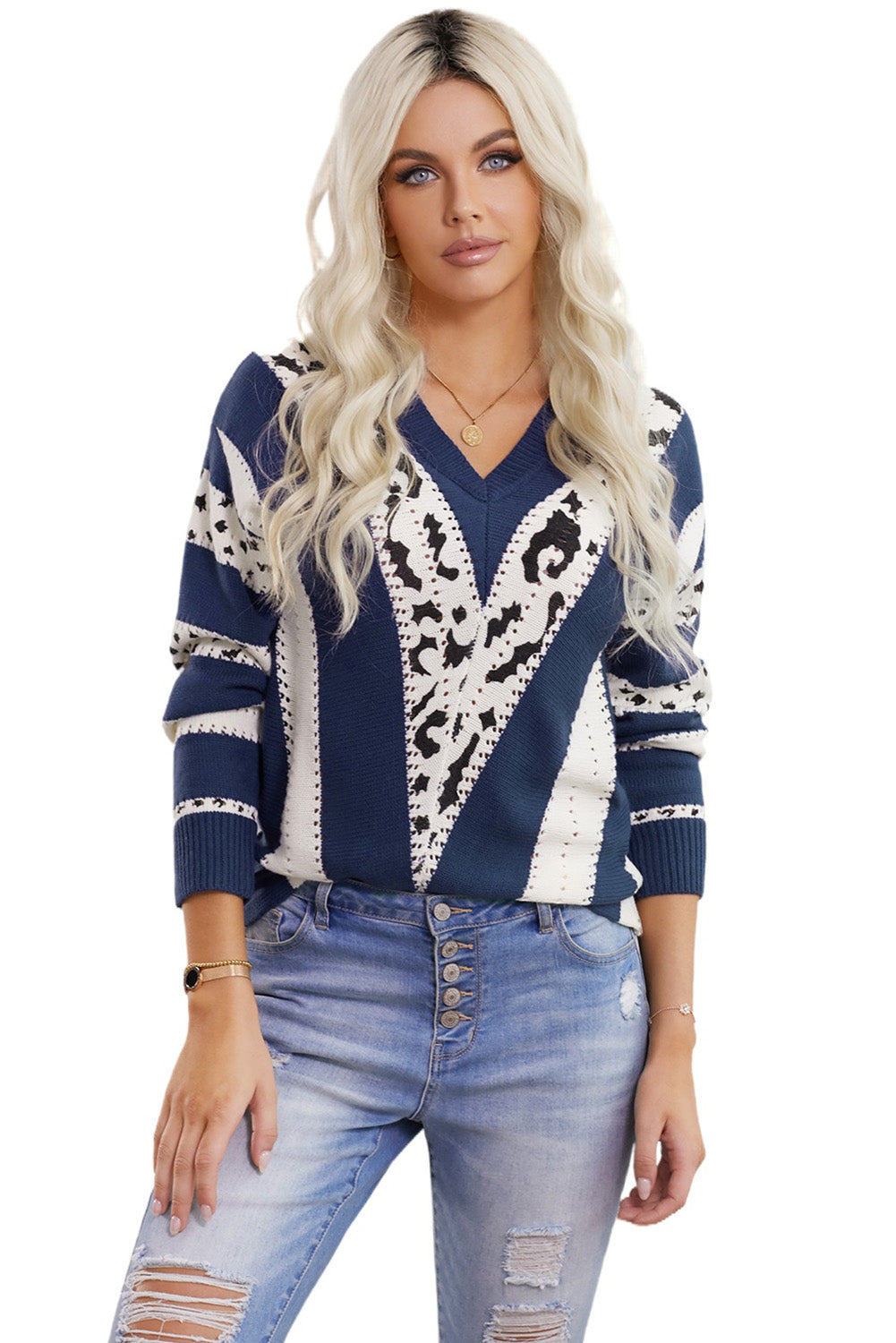 Women's Fashion Blue Animal Print Accent V Neck Sweater