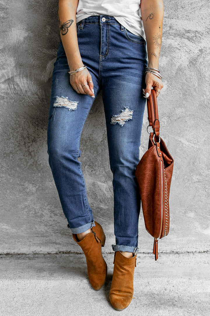 Women's Fashion Blue Distressed Skinny Fit Raw Hem Jeans