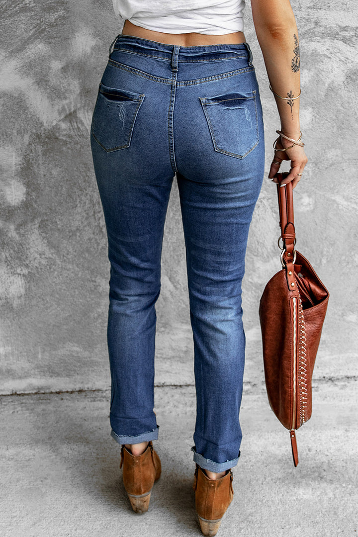 Women's Fashion Blue Distressed Skinny Fit Raw Hem Jeans