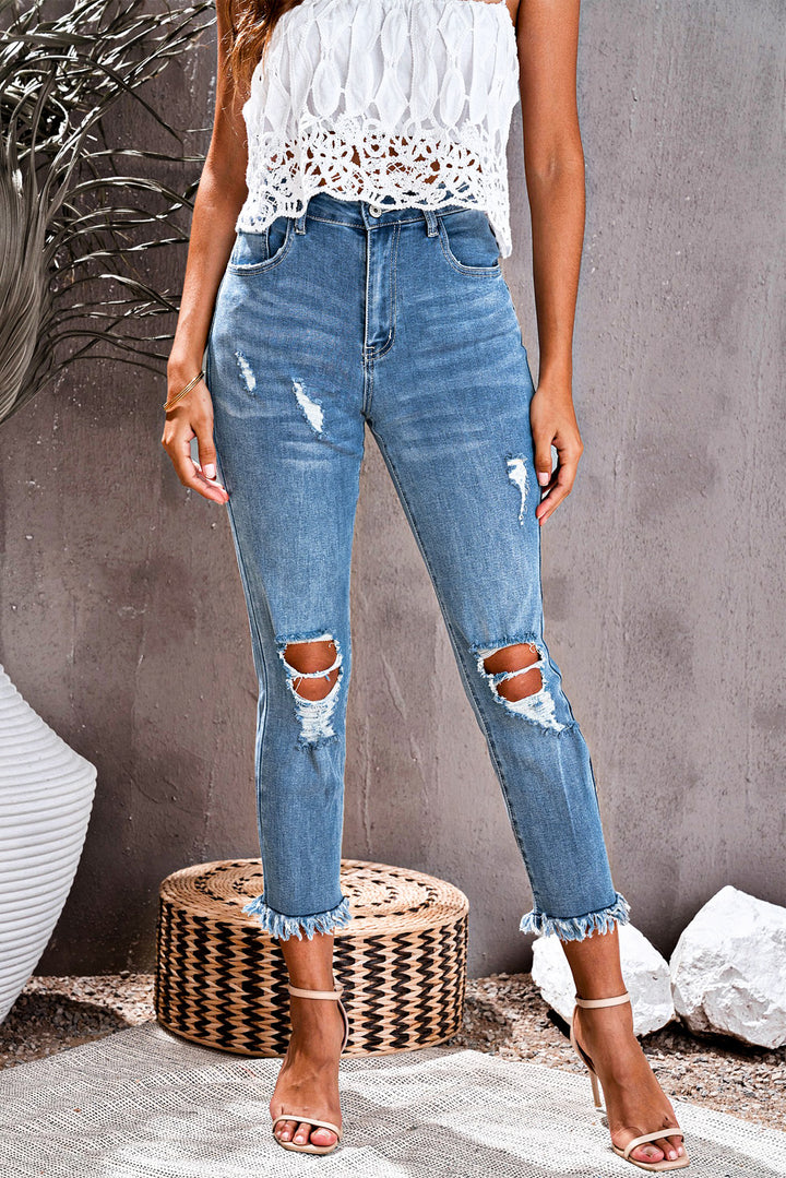 Women's Fashion Distressed Raw Hem Button Mid Waist Jeans