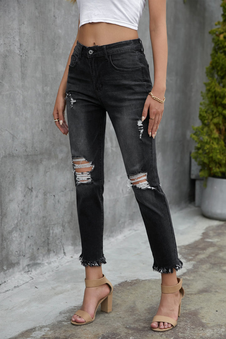 Women's Fashion Distressed Raw Hem Button Mid Waist Jeans