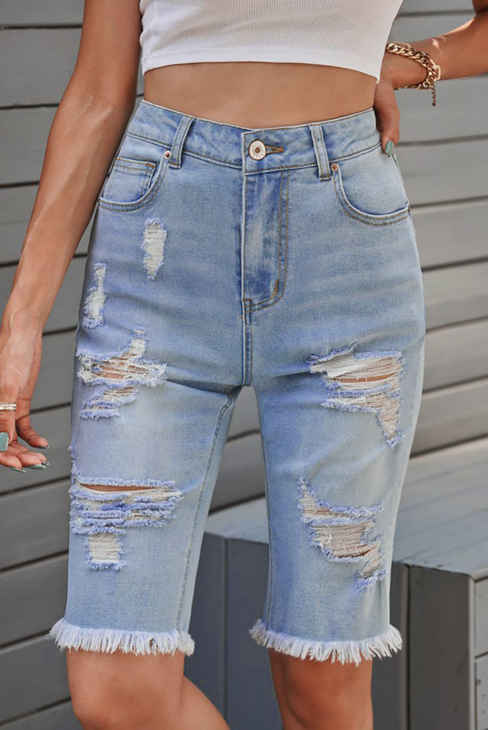Women's Fashion Light Blue Distressed Jeans Bermuda Shorts