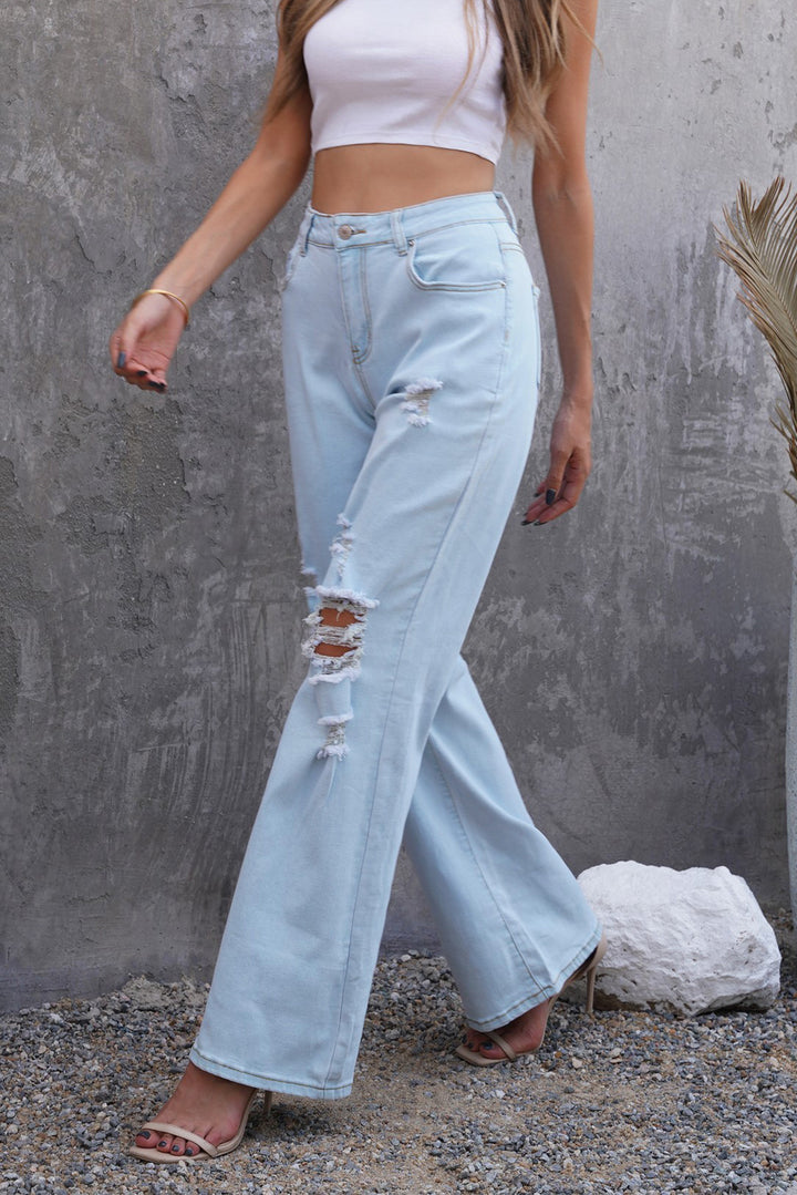 Women's Fashion Sky Blue Washed Ripped Knee Wide Legs Jeans