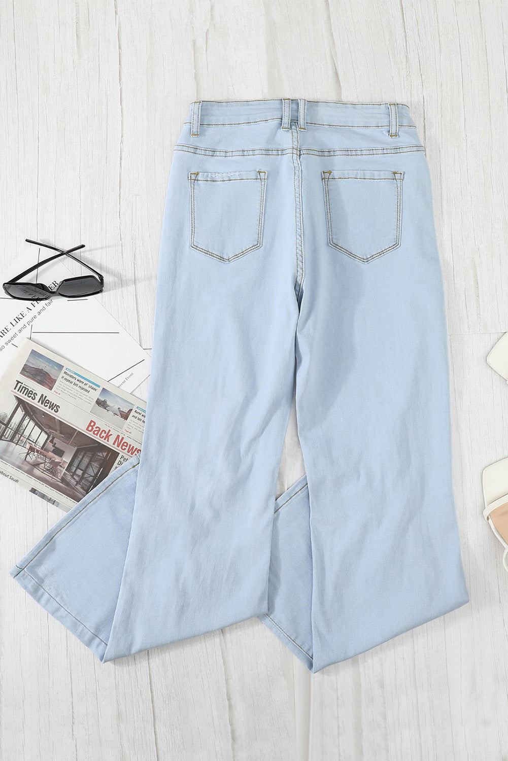 Women's Fashion Sky Blue Washed Ripped Knee Wide Legs Jeans
