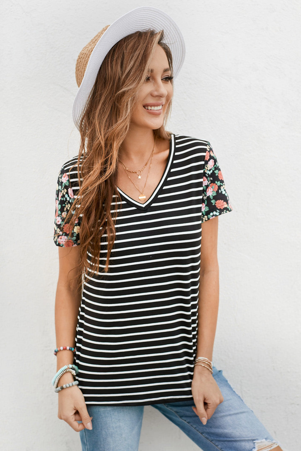 Women's Floral Sleeves Black Striped V Neck T-shirt