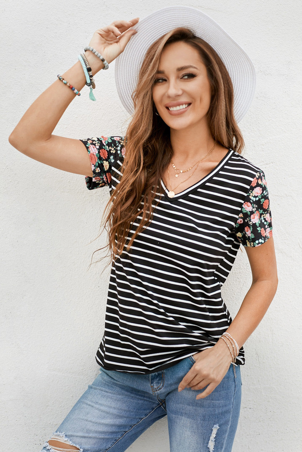 Women's Floral Sleeves Black Striped V Neck T-shirt