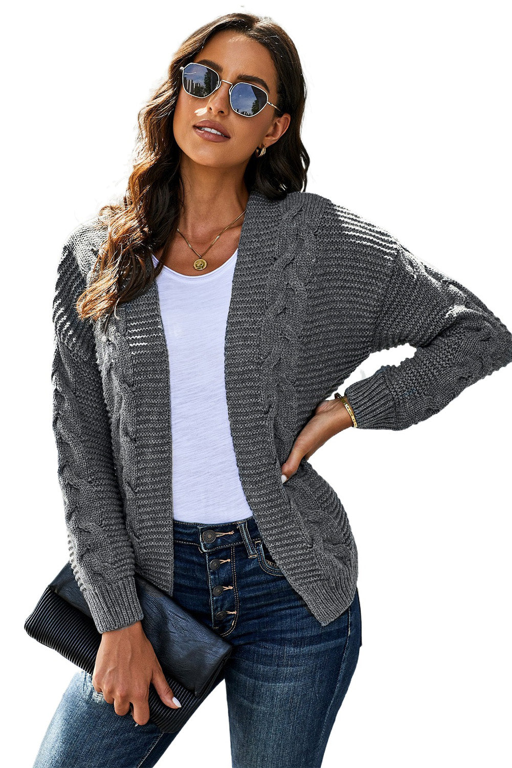 Women's Gray Chunky Wide Long Sleeve Knit Cardigan