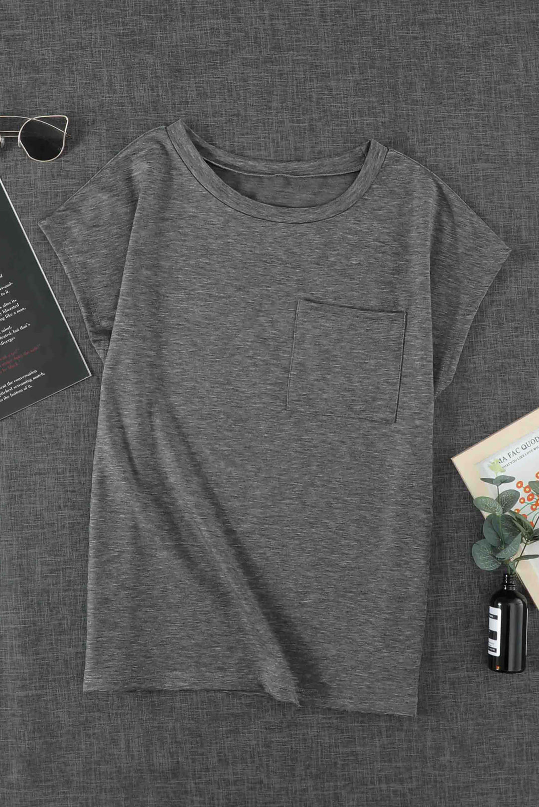 Women's Gray Pocketed Short Sleeve Tee with Side Slits