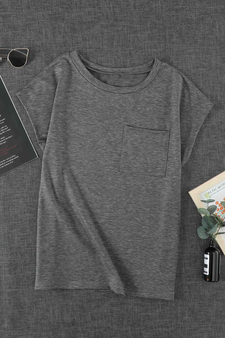 Women's Gray Pocketed Short Sleeve Tee with Side Slits