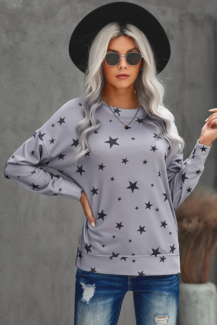 Women's Gray Round Neck Star Print Casual Long Sleeve Top