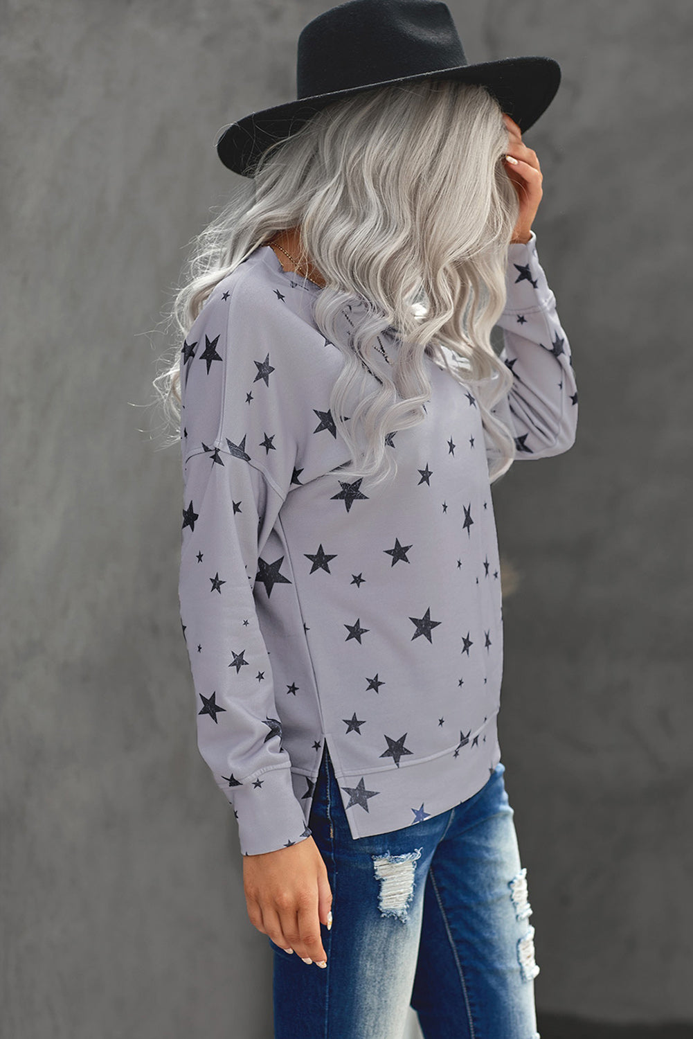 Women's Gray Round Neck Star Print Casual Long Sleeve Top