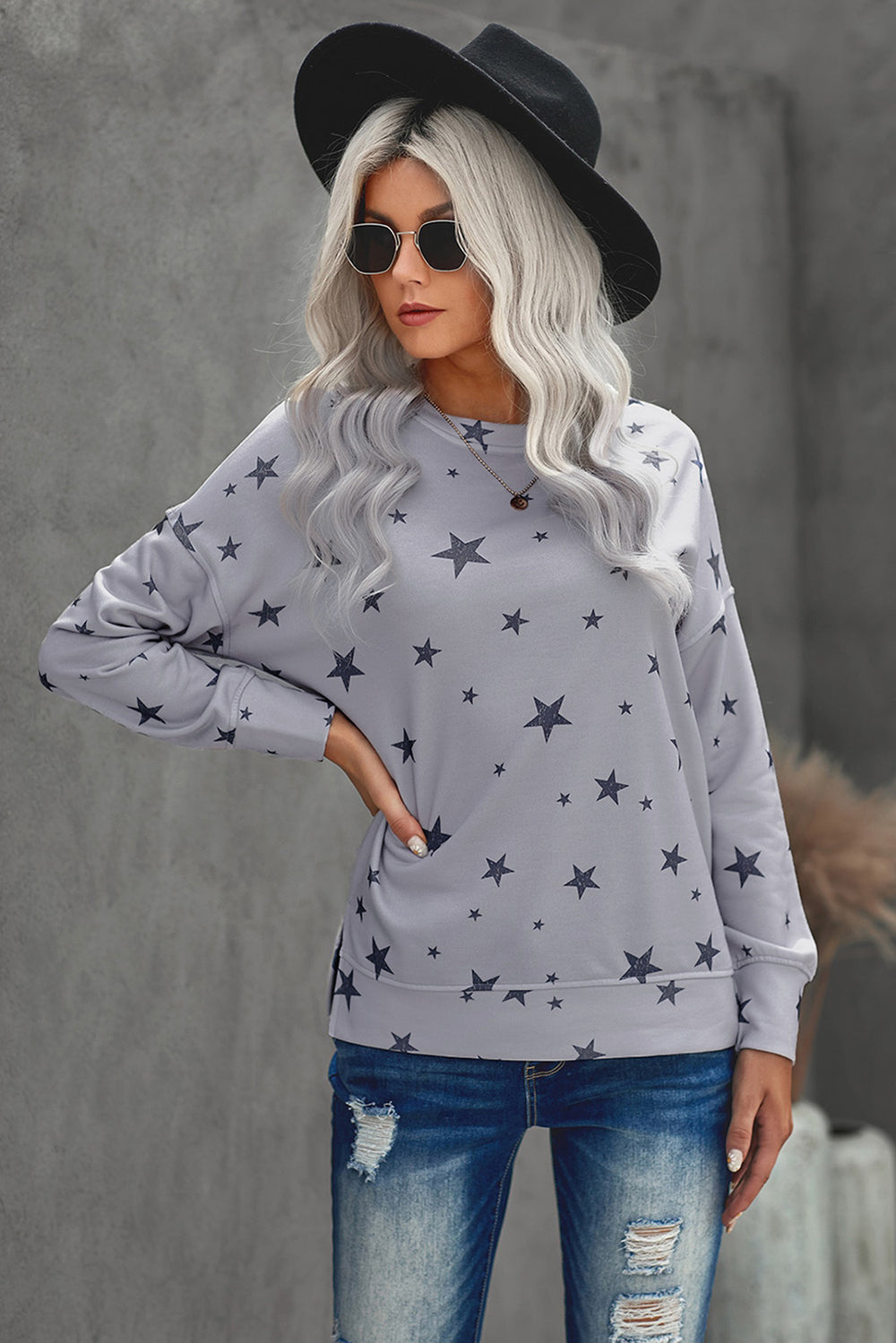 Women's Gray Round Neck Star Print Casual Long Sleeve Top