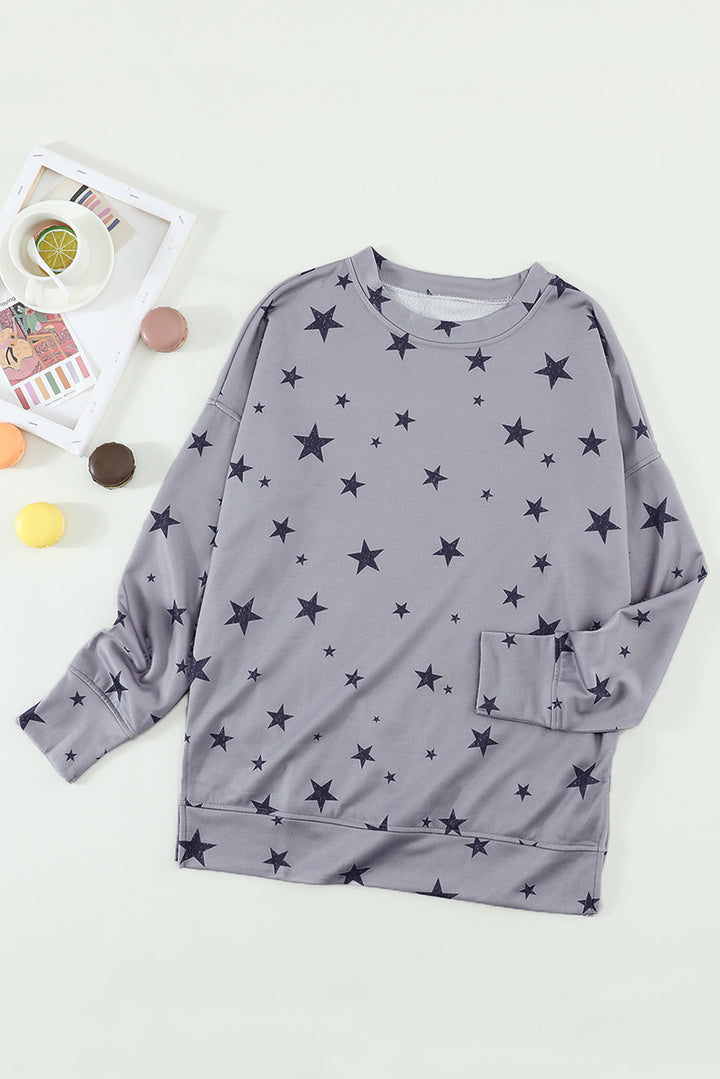 Women's Gray Round Neck Star Print Casual Long Sleeve Top