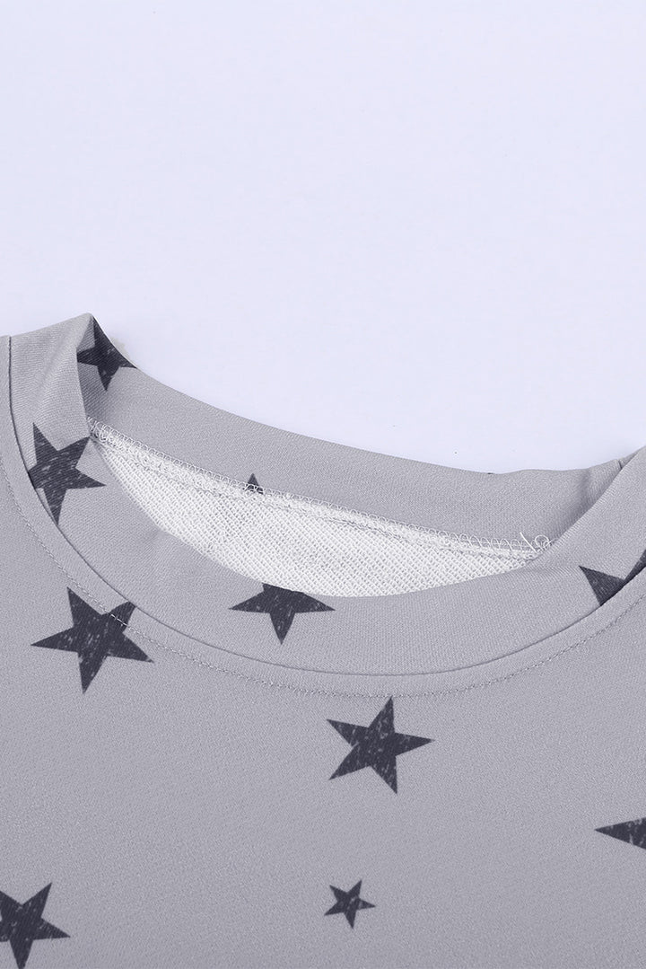 Women's Gray Round Neck Star Print Casual Long Sleeve Top