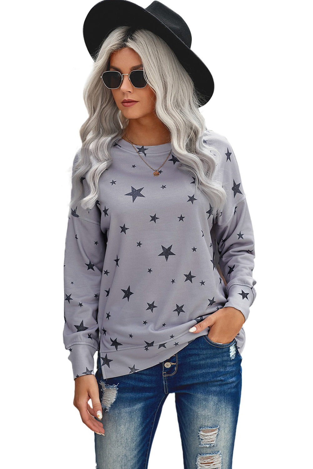 Women's Gray Round Neck Star Print Casual Long Sleeve Top