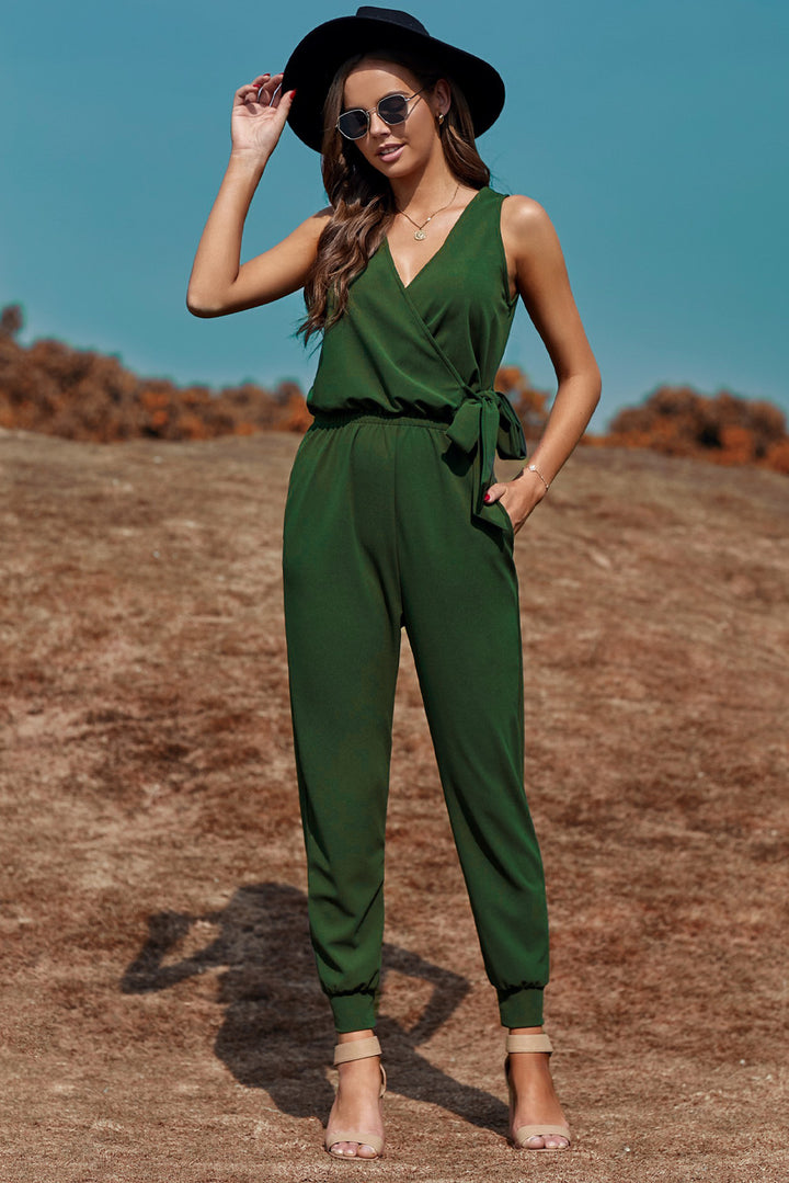 Women's Green Deep V-neck Sleeveless Solid Jumpsuit